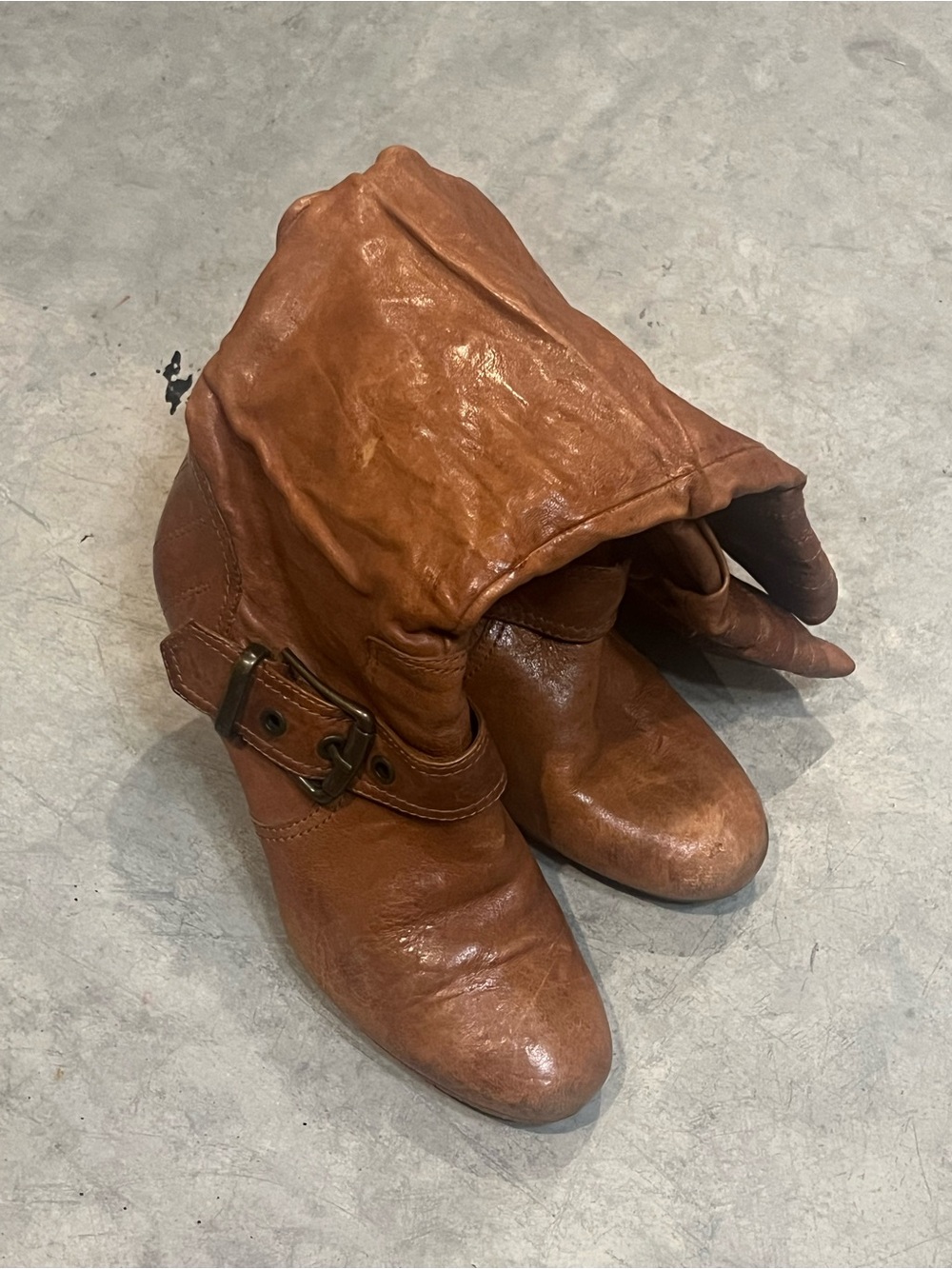 Women's Brown Leather Slouch Boot with Buckle Accent